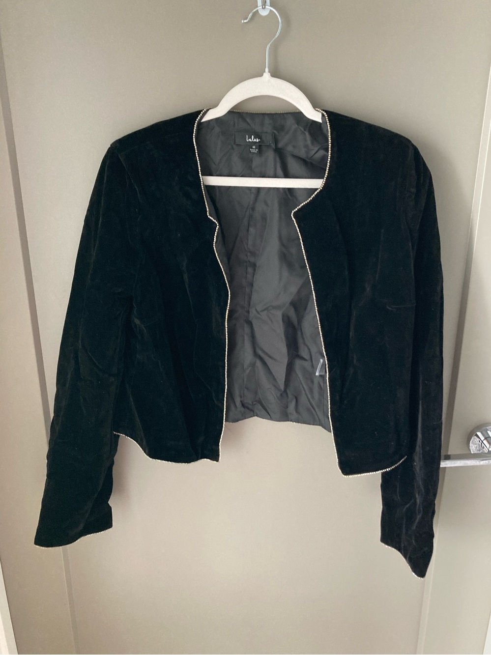 Lulu's Black Velvet Cropped Blazer with Metallic Trim